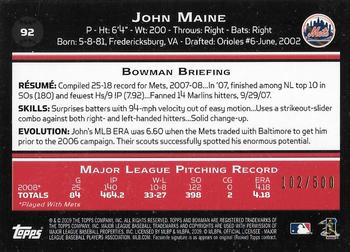 2009 Bowman - Blue #92 John Maine Back