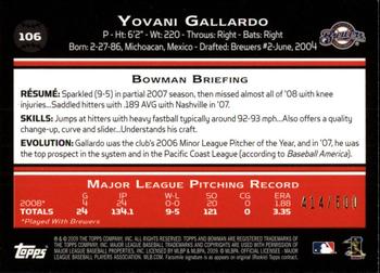 2009 Bowman - Blue #106 Yovani Gallardo Back