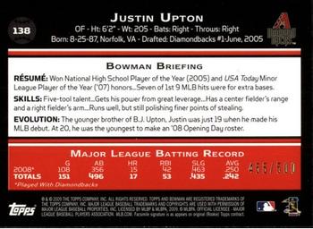 2009 Bowman - Blue #138 Justin Upton Back