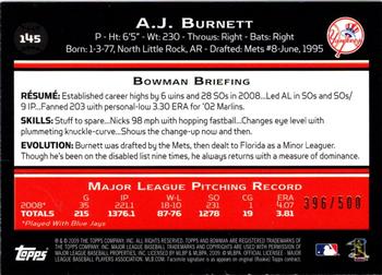 2009 Bowman - Blue #145 A.J. Burnett Back