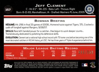 2009 Bowman - Blue #157 Jeff Clement Back