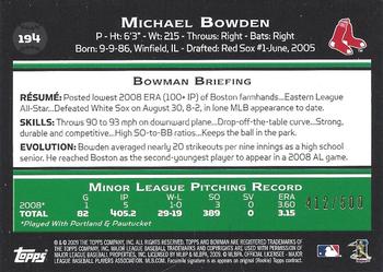 2009 Bowman - Blue #194 Michael Bowden Back