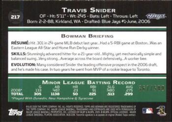 2009 Bowman - Blue #217 Travis Snider Back