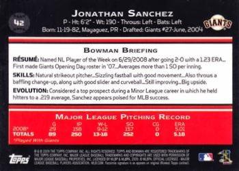 2009 Bowman - Gold #42 Jonathan Sanchez Back
