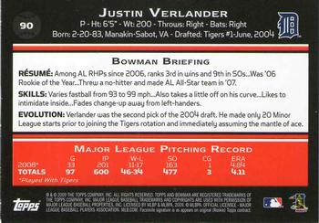 2009 Bowman - Gold #90 Justin Verlander Back