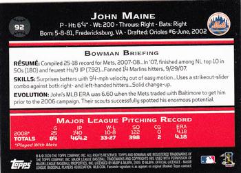 2009 Bowman - Gold #92 John Maine Back