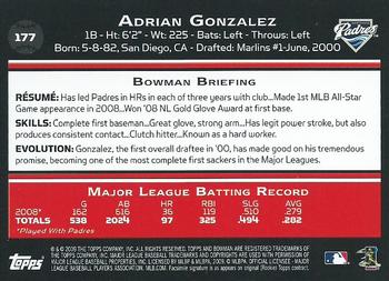 2009 Bowman - Gold #177 Adrian Gonzalez Back