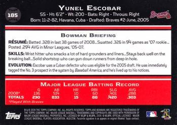 2009 Bowman - Gold #185 Yunel Escobar Back