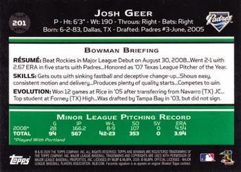 2009 Bowman - Gold #201 Josh Geer Back