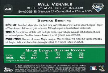 2009 Bowman - Gold #218 Will Venable Back