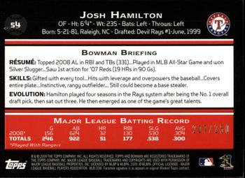 2009 Bowman - Orange #54 Josh Hamilton Back