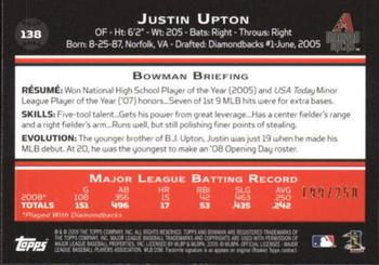 2009 Bowman - Orange #138 Justin Upton Back