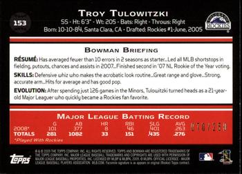 2009 Bowman - Orange #153 Troy Tulowitzki Back