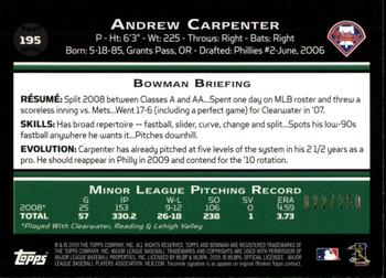 2009 Bowman - Orange #195 Andrew Carpenter Back