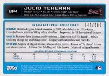 2009 Bowman - Prospects Blue #BP4 Julio Teheran Back