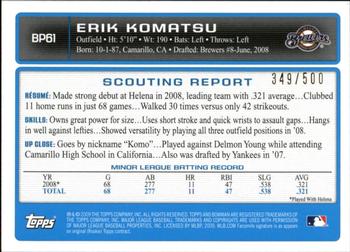 2009 Bowman - Prospects Blue #BP61 Erik Komatsu Back