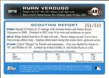2009 Bowman - Prospects Blue #BP78 Ryan Verdugo Back