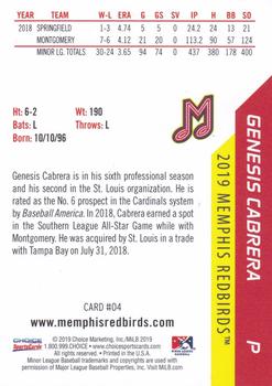 2019 Choice Memphis Redbirds #4 Genesis Cabrera Back