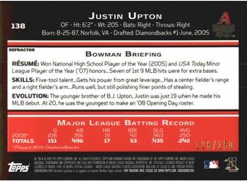 2009 Bowman Chrome - Blue Refractors #138 Justin Upton Back