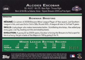 2009 Bowman Chrome - Gold Refractors #198 Alcides Escobar Back