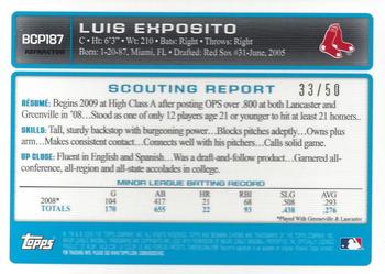 2009 Bowman Chrome - Prospects Gold Refractors #BCP187 Luis Exposito Back