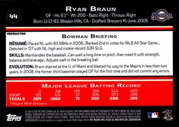 2009 Bowman Chrome - Refractors #44 Ryan Braun Back