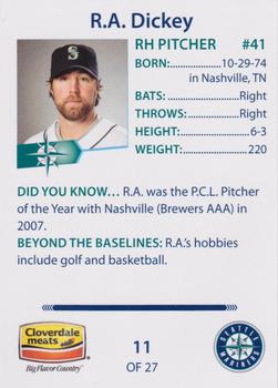 2008 Cloverdale Meats Seattle Mariners #11 R.A. Dickey Back