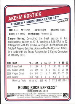 2019 Choice Round Rock Express #03 Akeem Bostick Back