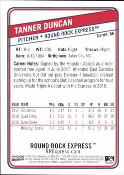 2019 Choice Round Rock Express #06 Tanner Duncan Back