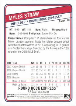 2019 Choice Round Rock Express #22 Myles Straw Back