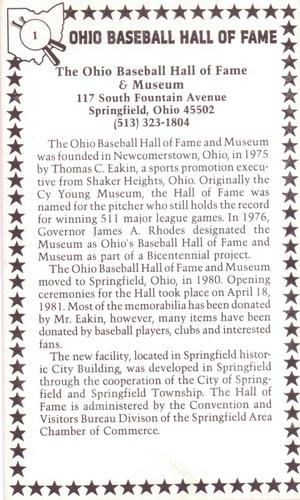 1982-91 Ohio Baseball Hall of Fame #1 Ohio Hall Of Fame Back
