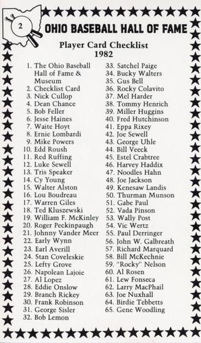 1982-91 Ohio Baseball Hall of Fame #2 Checklist Front