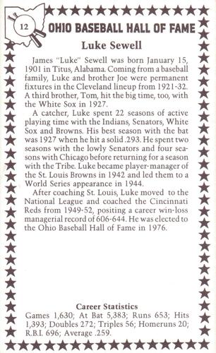1982-91 Ohio Baseball Hall of Fame #12 Luke Sewell Back