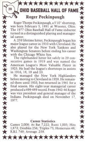 1982-91 Ohio Baseball Hall of Fame #20 Roger Peckinpaugh Back