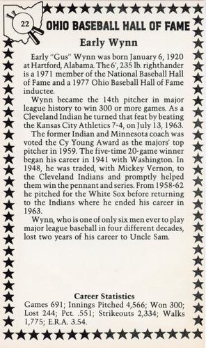 1982-91 Ohio Baseball Hall of Fame #22 Early Wynn Back