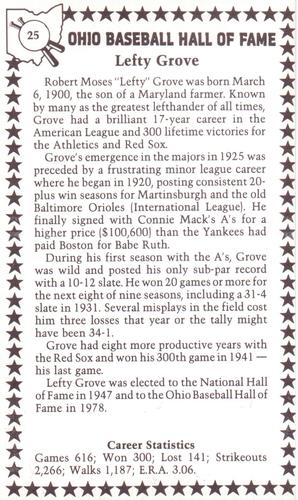 1982-91 Ohio Baseball Hall of Fame #25 Lefty Grove Back
