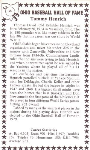 1982-91 Ohio Baseball Hall of Fame #38 Tommy Henrich Back