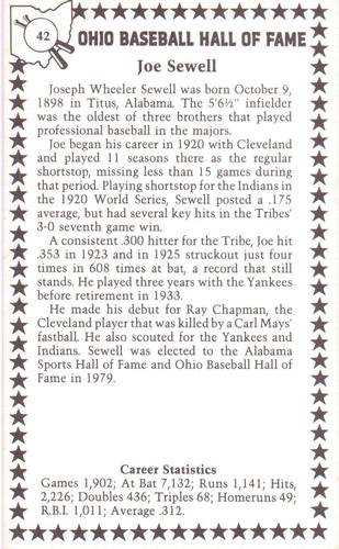 1982-91 Ohio Baseball Hall of Fame #42 Joe Sewell Back