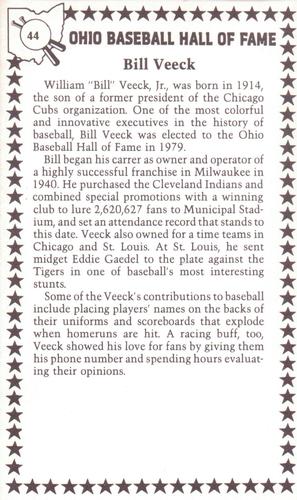 1982-91 Ohio Baseball Hall of Fame #44 Bill Veeck Back
