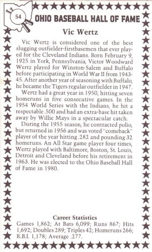1982-91 Ohio Baseball Hall of Fame #54 Vic Wertz Back