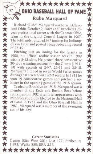 1982-91 Ohio Baseball Hall of Fame #57 Rube Marquard Back