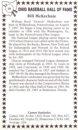 1982-91 Ohio Baseball Hall of Fame #58 Bill McKechnie Back