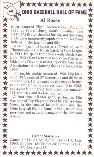 1982-91 Ohio Baseball Hall of Fame #60 Al Rosen Back
