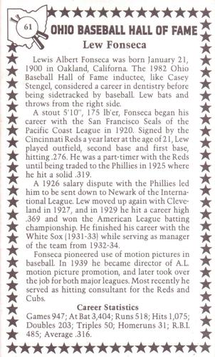 1982-91 Ohio Baseball Hall of Fame #61 Lew Fonseca Back
