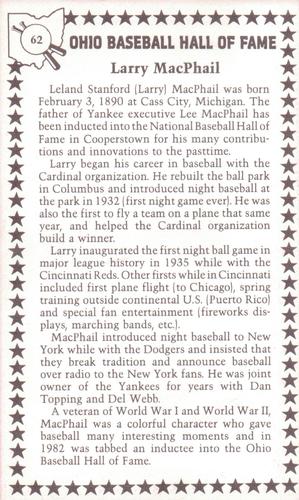 1982-91 Ohio Baseball Hall of Fame #62 Larry MacPhail Back