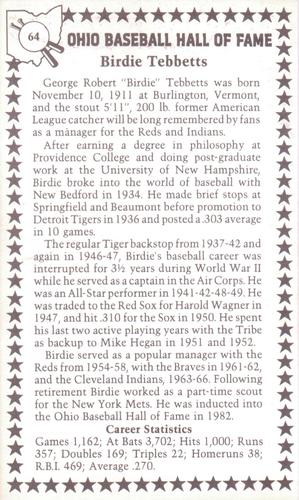 1982-91 Ohio Baseball Hall of Fame #64 Birdie Tebbetts Back