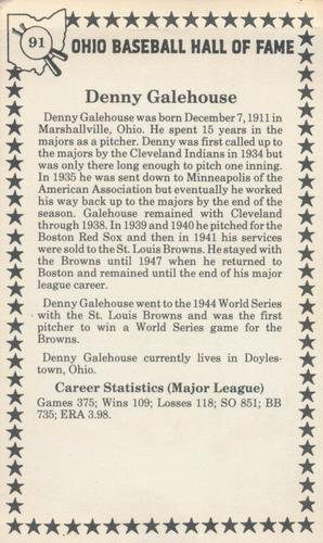 1982-91 Ohio Baseball Hall of Fame #91 Denny Galehouse Back