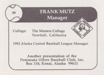 1992 Peninsula Oilers #4 Frank Mutz Back