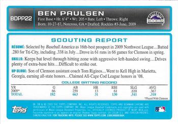 2009 Bowman Draft Picks & Prospects - Chrome Prospects #BDPP22 Ben Paulsen Back