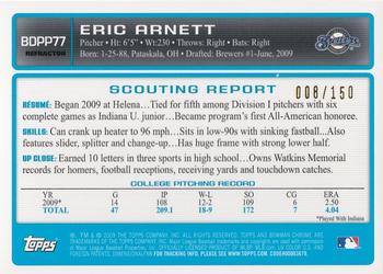 2009 Bowman Draft Picks & Prospects - Chrome Prospects Blue Refractors #BDPP77 Eric Arnett Back